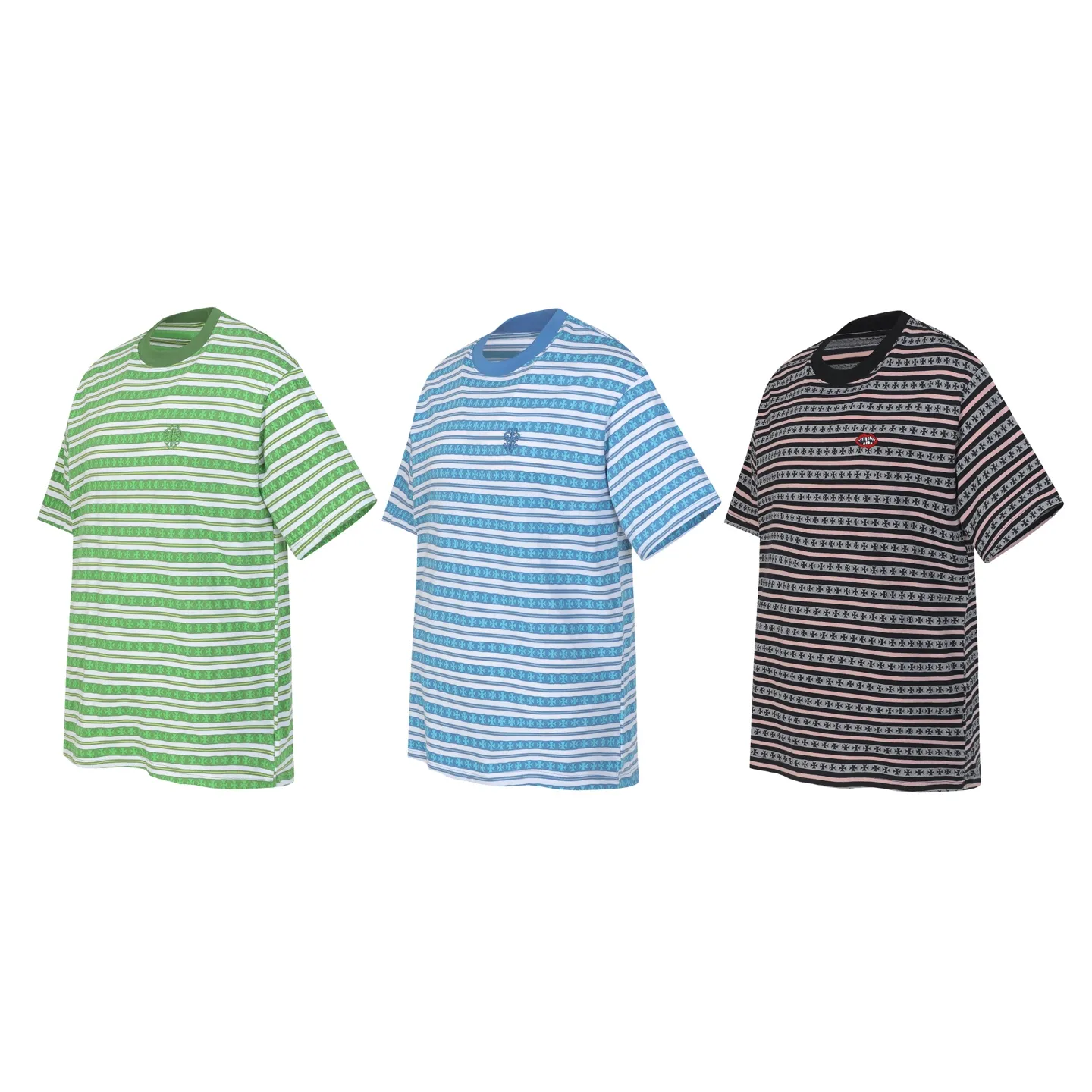 P160 -Chrome Hearts/Chrome Hearts 25ss season's most popular striped yarn-dyed short-sleeved T-shirt -High weight, high density and high quality. The wool is soft, delicate and skin-friendly. It feels soft and silky. It has excellent warmth and skin-friendly properties. -Custom-woven and dyed, no color difference, no matter the fabric or workmanship details. Overwhelms the ordinary version on the market. -Colour: Gray Blue Green -Size: S M L XL